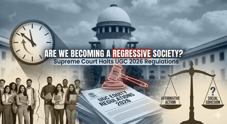 Supreme Court of India staying UGC Equity Regulations 2026 with scales of justice and student groups