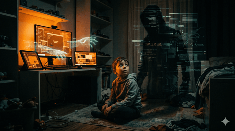 A child sits nervously at a computer with coded hands reaching out from the glowing saffron screen, luring him toward a shadowy online figure. Representing digital child sexual exploitation risks.