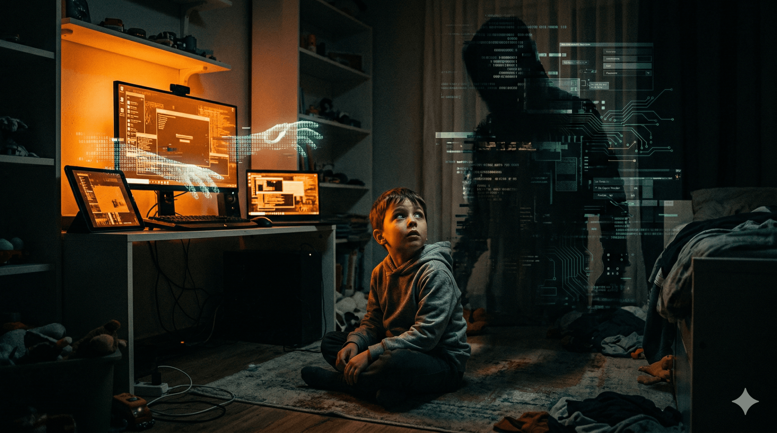 Child holding a glowing smartphone in a dark room representing Digital Child Sexual Exploitation risks