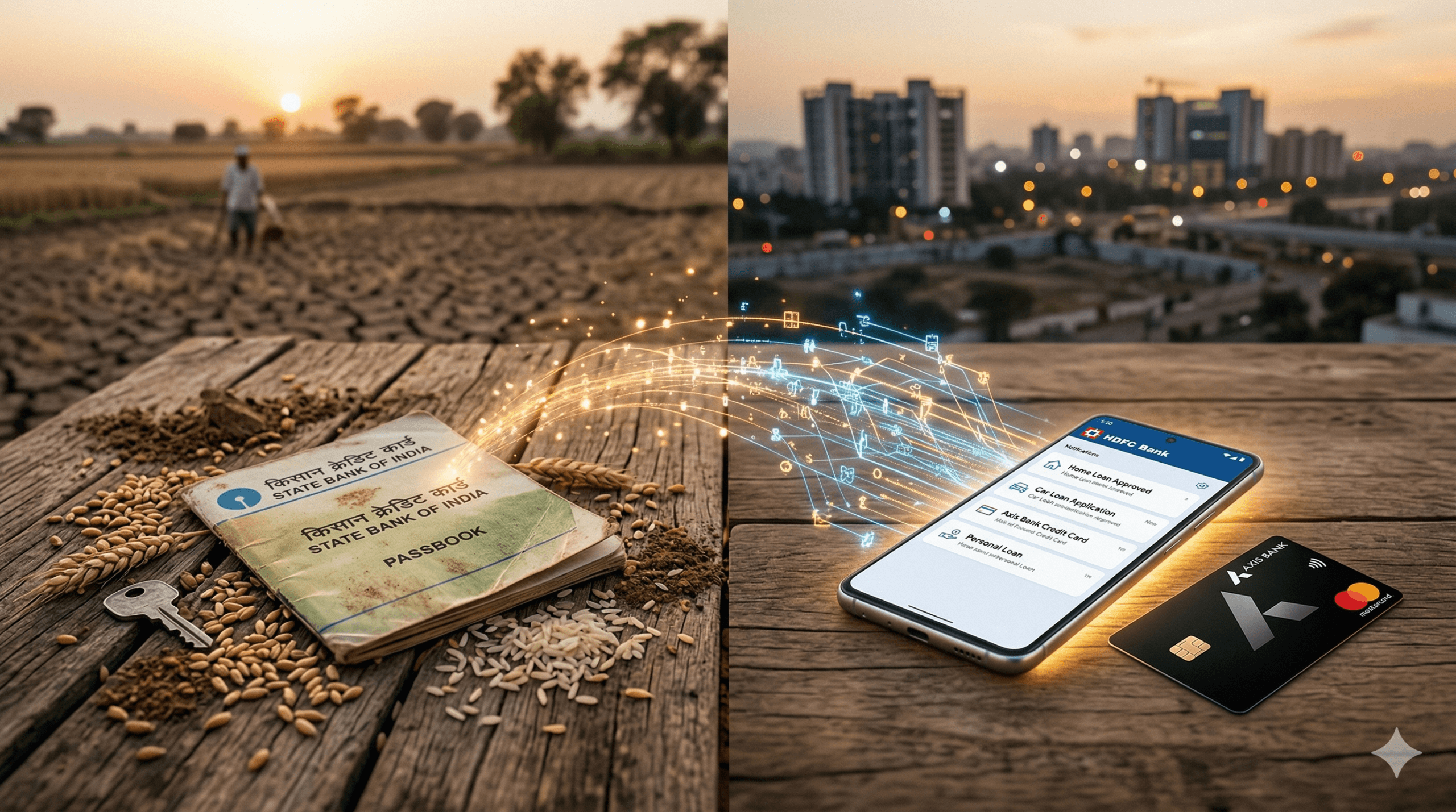 A visual divide showing dry agricultural land on one side and a modern digital banking retail credit interface on the other.