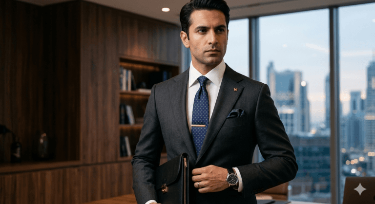 Premium tailored fabric and accessories visualizing professional excellence