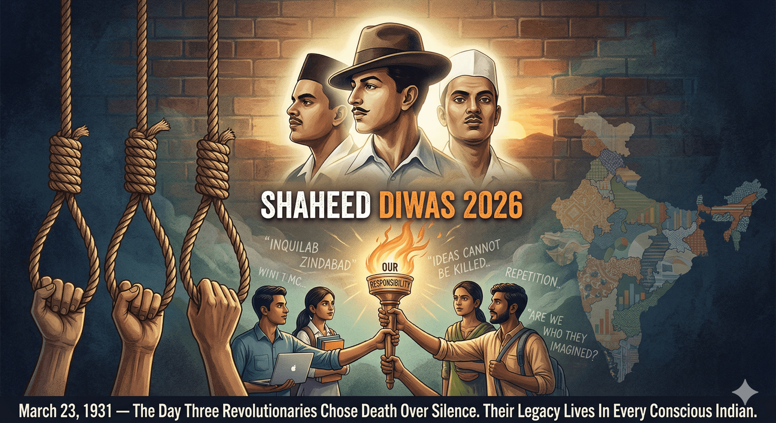 Shaheed Diwas 2026 — Bhagat Singh, Rajguru and Sukhdev martyrdom tribute on March 23