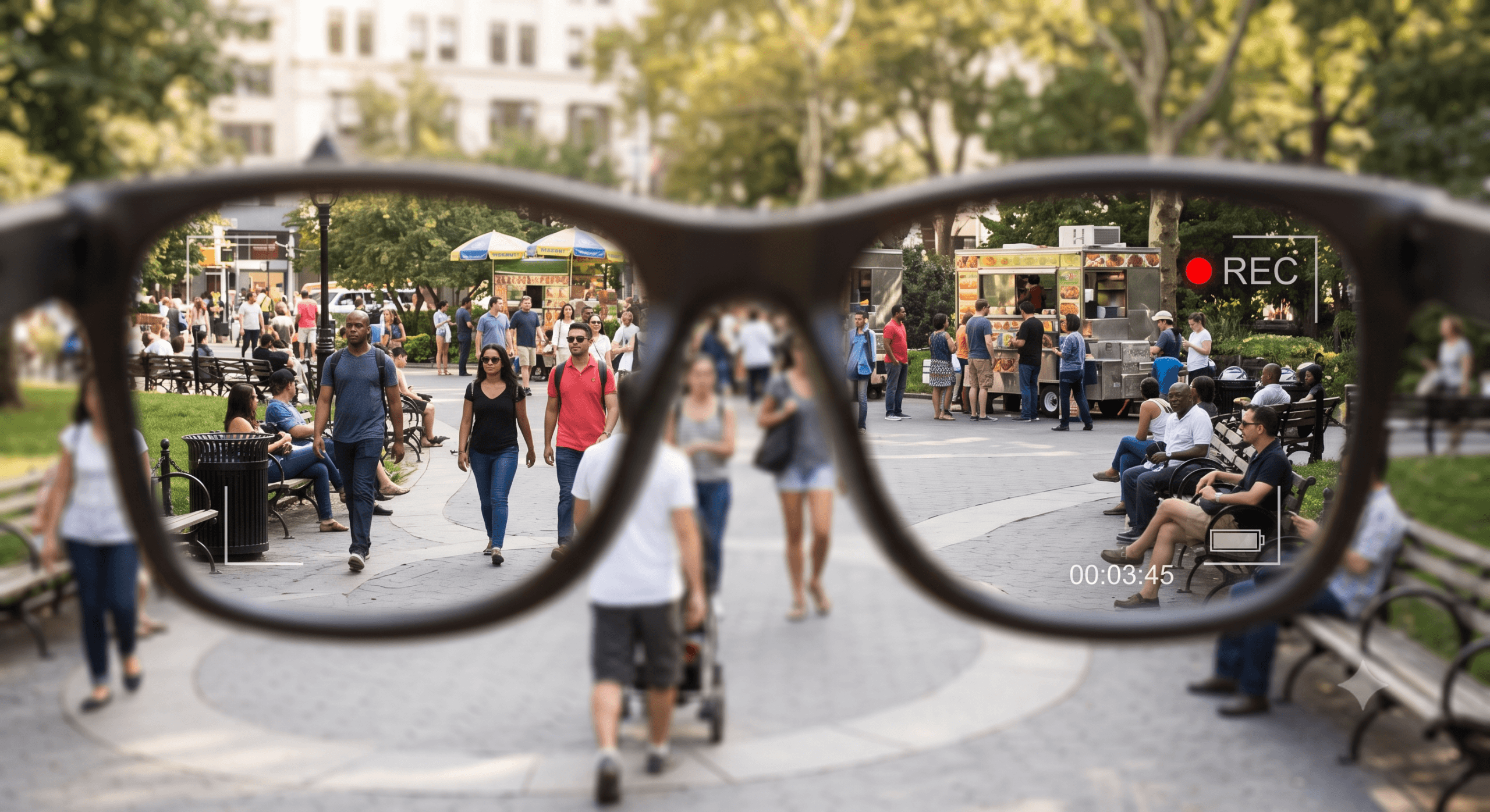 First-person view highlighting the ethics of smart glasses, digital privacy, and consent in public spaces.