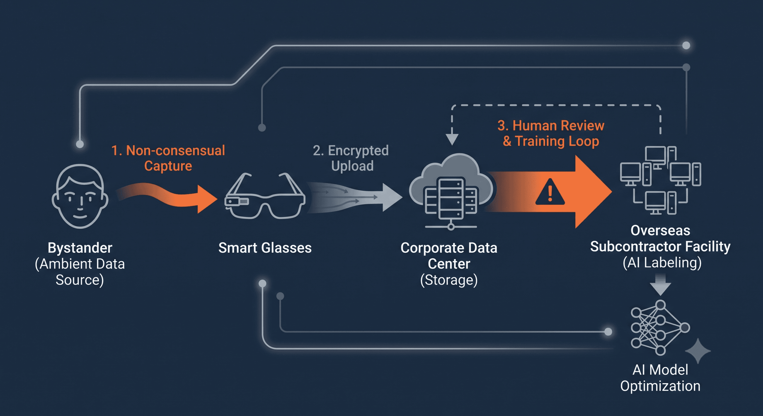 Diagram showing the data pipeline from smart glasses recording to third-party AI training contractors.