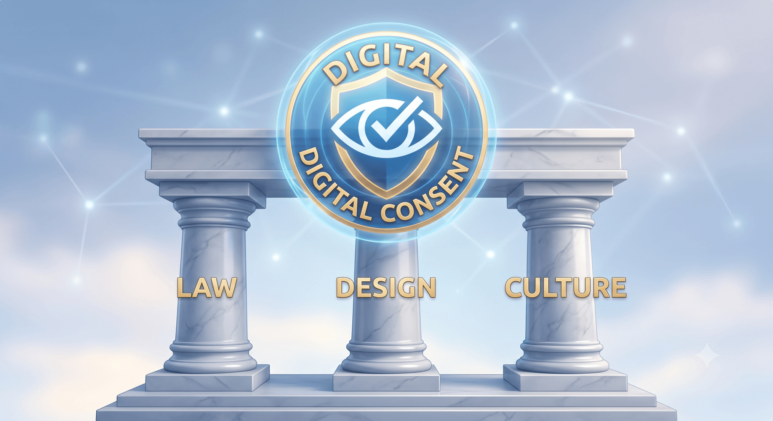 Illustration showing Law, Design, and Culture as the three pillars needed to protect digital privacy consent.