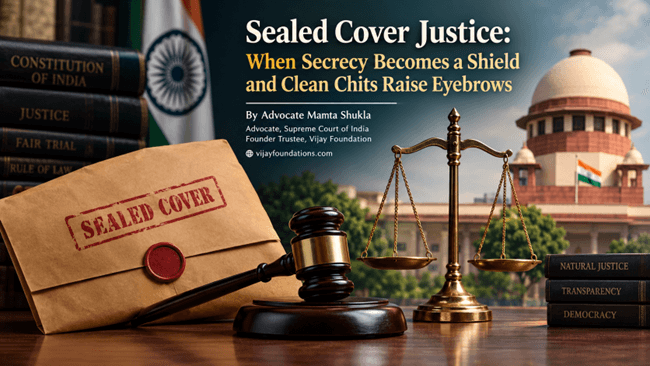 Sealed cover jurisprudence in India represented by a sealed envelope placed before a judge while confidential material remains undisclosed to the opposing party